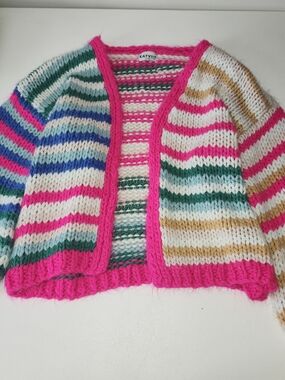KatyDid Multicolor Striped Knit Cardigan - Hot Pink Trim